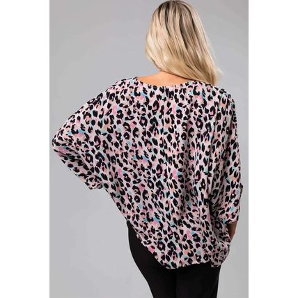 Pink Multicolor Leopard Print V Neck Oversized Blouse