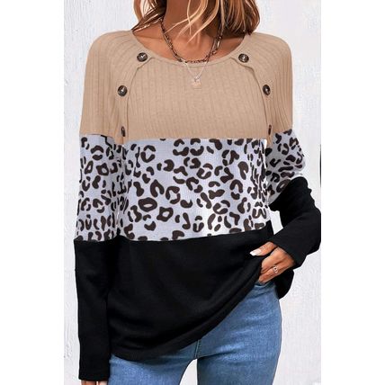 Black Cheetah Textured Patchwork Buttoned Round Neck T Shirt