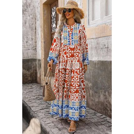 Orange Boho Geometric Printed Long Sleeve Maxi Dress