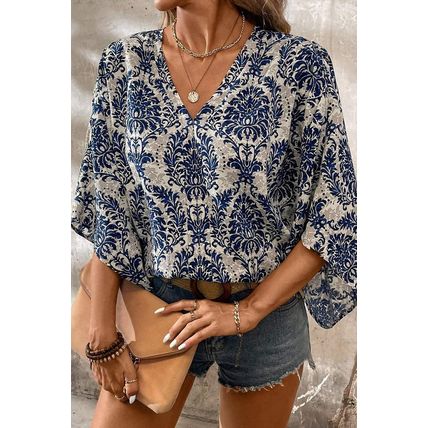 Blue Vintage Flower Tree Quarter Sleeve V Neck Blouse