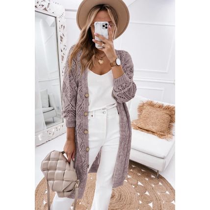 Purple Hollow-out Openwork Knit Cardigan