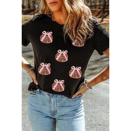 Black Sequin Bow Pumpkin Patched Cotton Blend T Shirt