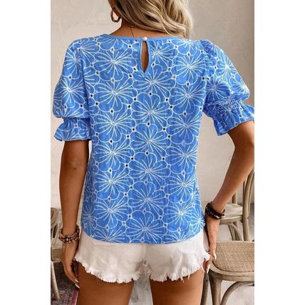 Sky Blue Eyelet Flower Embroidery Frilled Short Puff Sleeve Blouse