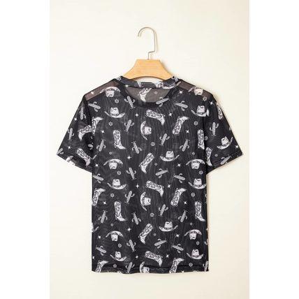 Black Western Pattern Mesh Sheer Crew Neck T Shirt