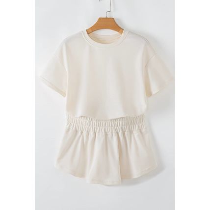 Beige 2pcs Cropped Tee and Ruffle High Waist Skort Set
