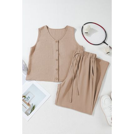Goat Buttoned Vest Drawstring Wide Leg Pants 2pcs Set