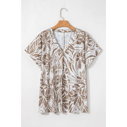 Khaki Floral Print V Neck Short Sleeve Loose Fit Blouse