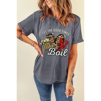 Gray Let The Good Times Boil Crawfish Leopard Heart Graphic Tee