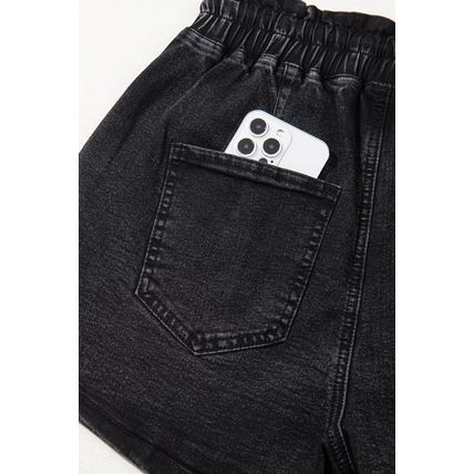 Black Drawstring High Waist Casual Denim Shorts with Pockets