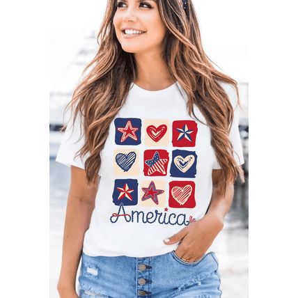 White American Heart Star Checkered Graphic Tee