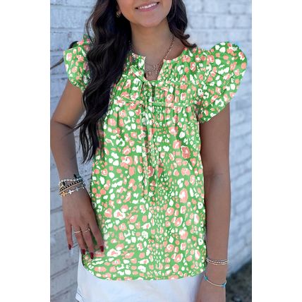 Green Abstract Leopard Tied Front Flutter Sleeve Blouse