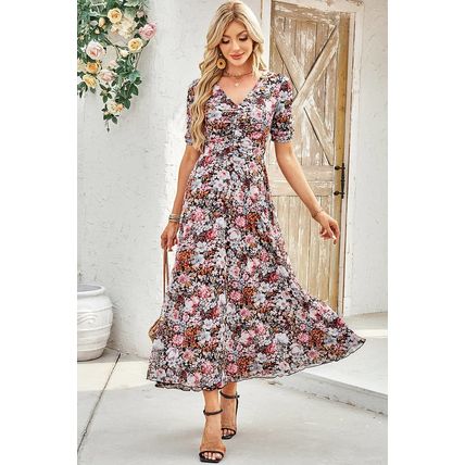 Brown Mesh Leopard Floral Reversible V Neck Short Sleeve Dress