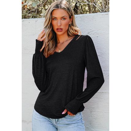Black Shirred Shoulder Frilled Cuffs Long Sleeve Top