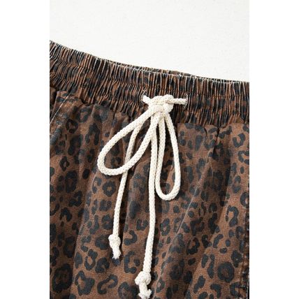 Brown Leopard Print Elastic Waist Drawstring Denim Skort