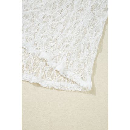 White Sheer Lace Bell Sleeve Mock Neck Blouse