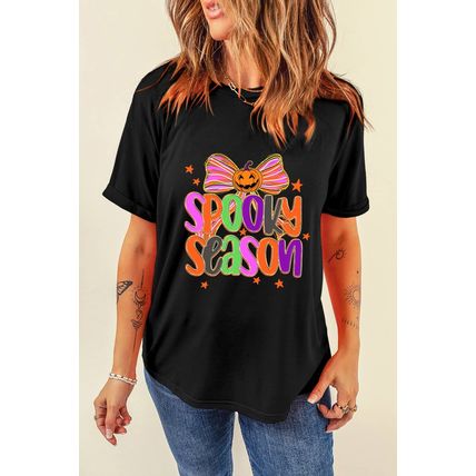 Black SPOOKY SEASON Halloween Pumpkin Bow Print T Shirt