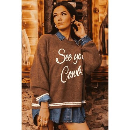 Coffee See You Cowboy Embroidered Western Graphic Sweater