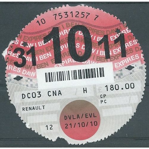 21/10/10 D.V.L.A CAR TAX DISC (12 MONTHS) (£180.00) (EBID37-982)