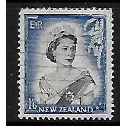 NEW ZEALAND 1954 QEII 1s.6d BLACK AND BRIGHT BLUE SG 733 FINE USED