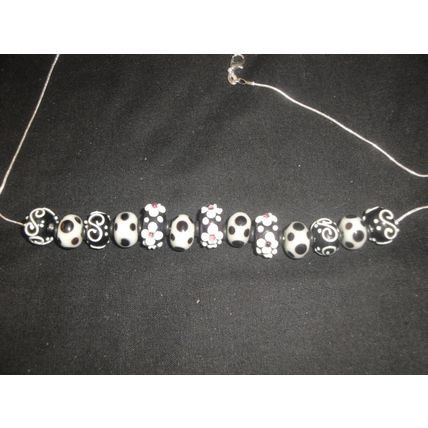 13 handcrafted artisan black & white flower and dot glass bead necklace