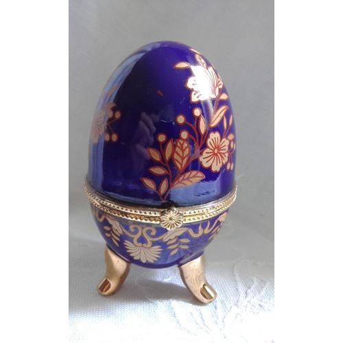 Porcelain Footed Egg Shaped Hinged Trinket, Jewellery Or Pill Box Blue And Gold