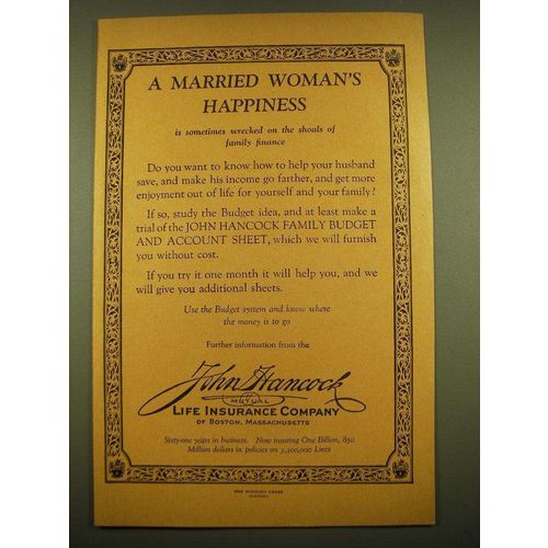 1924 John Hancock Life Insurance Ad - A Married Woman's happiness