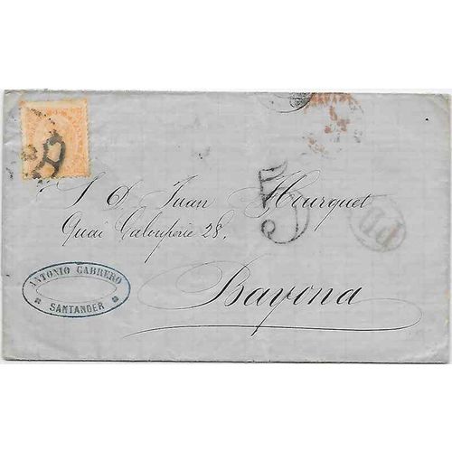 Spain #90 1867 Santanger to Bayona, Large 5 added plus PD