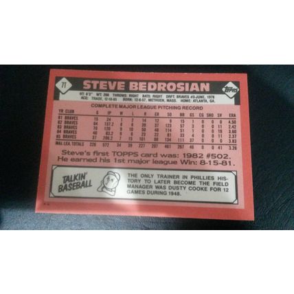 1986 Topps Traded Card # 007T Steve Bedrosian Ex (5) Philadelphia Phillies
