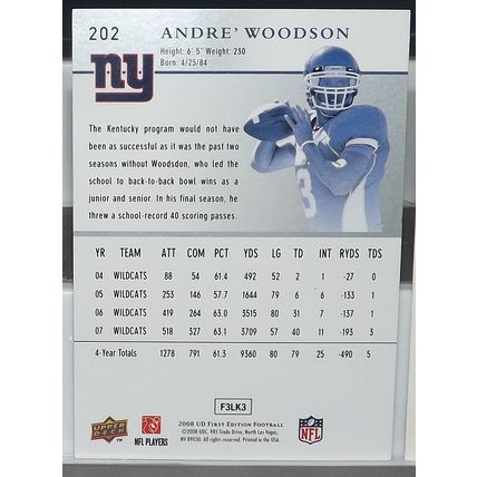 2008 Upper Deck ANDRE WOODSON (Kentucky/Giants) Star Rookies card #202