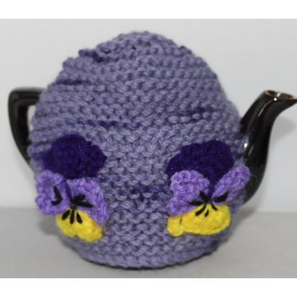 Hand Knitted 1 Cup Tea Cosy Decorated with Violas/Heartsease- Made in Australia