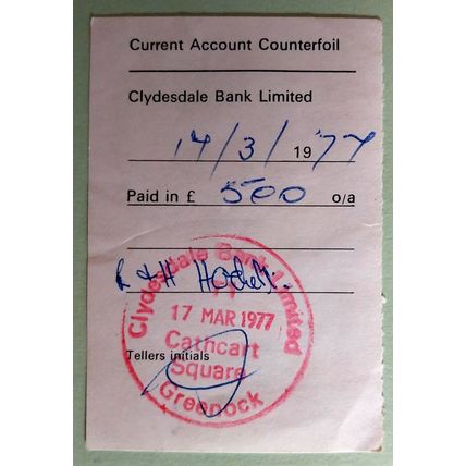 Cheque counterfoil 1977 Clydesdale Bank Greenock for 500 pounds