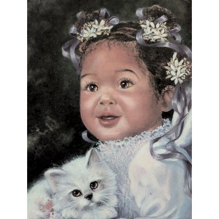 Black African American Child Angel With Kitten 18"X22" Print Framed Matted Wall