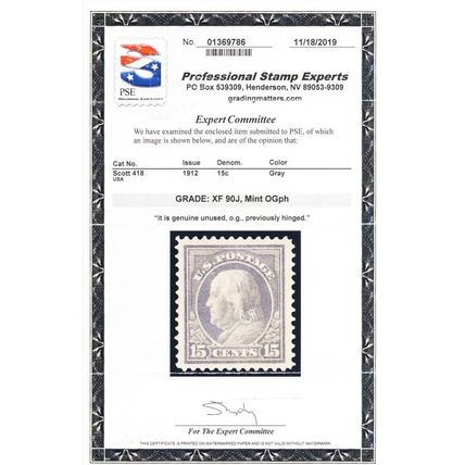 418, Mint LH XF JUMBO 15¢ - PSE Certificate Graded 90J * Stuart Katz