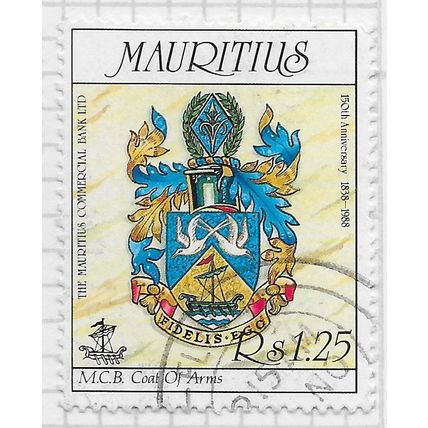 MAURITIUS 1988 COMMERCIAL BANK 150 YEARS COMMERCE COAT OF ARMS Rs1.25 USED