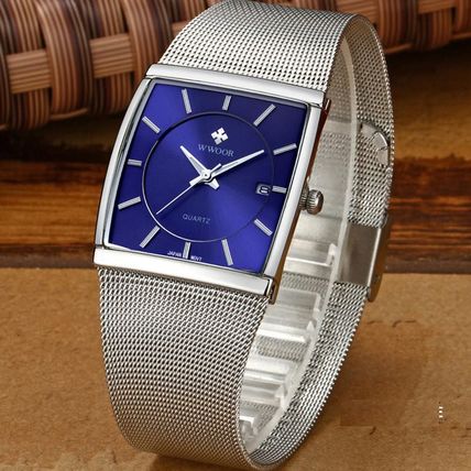 Gents Blue Thin Square Face Date Silver Stainless Steel Milanese Strap Watch