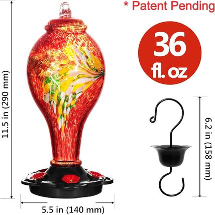 LUJII Hummingbird Feeders for Outdoors, Hand Blown Glass, Never Fade, 36 Fluid O