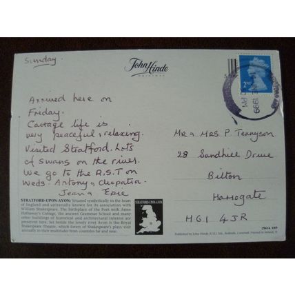 GB Shakespeare's Stratford upon Avon used 1999 colour multi view Hinde postcard
