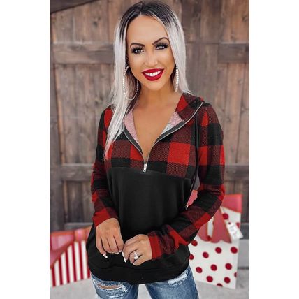 Black Contrast Buffalo Plaid Zip Pullover Hooded Top