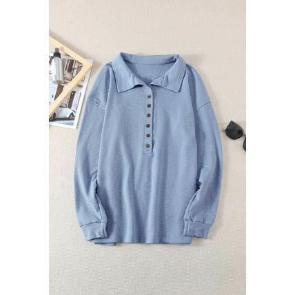 Sky Blue Button Front Turn-down Neck Knit Top