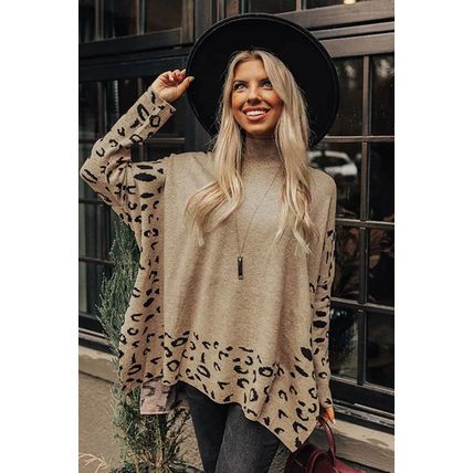 Khaki Leopard High Neck Side Slit Oversized Sweater
