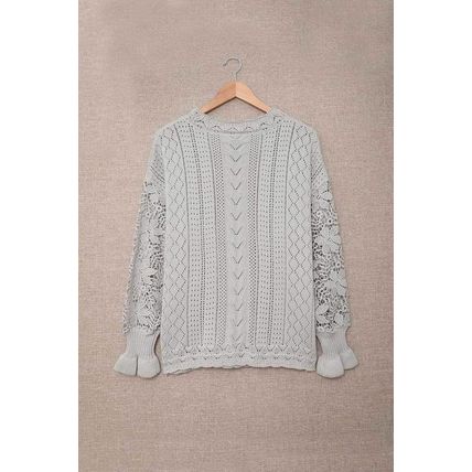 Gray Crochet Lace Pointelle Knit Sweater