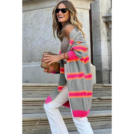 Medium Grey Stripe Printed Ribbed Long Knitted Cardigan