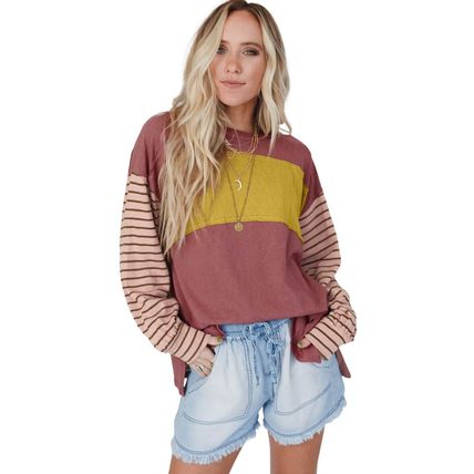 Red Colorblock Striped Bishop Sleeve Top