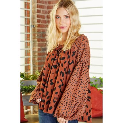 Brown Contrast Leopard Print Bubble Sleeve Blouse