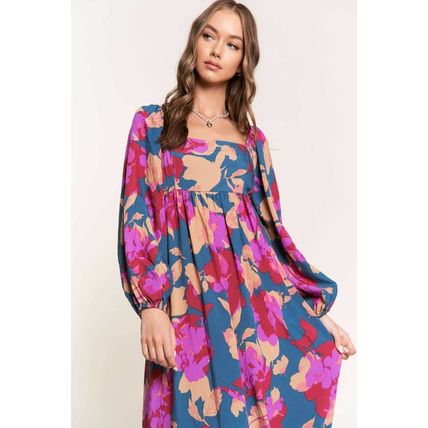 Multicolour Floral Print Square Neck Ruffled High Waist Dress