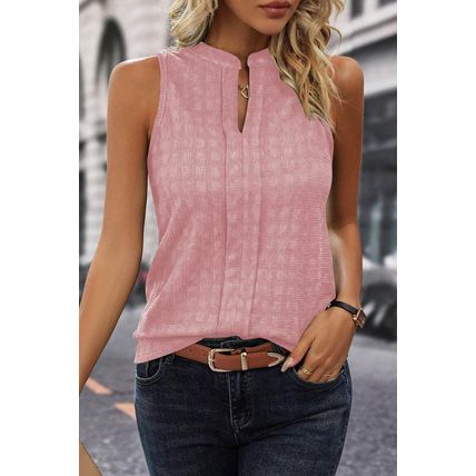 Pink Lattice Textured Split Neck Tank Top