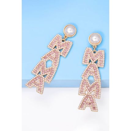 Apricot Pink MAMA Rhinestone Pearl Dangle Stud Earrings