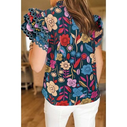 Green Trimmed Ruffle Sleeve Summer Floral Blouse
