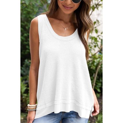 White Scoop Neck Waffle Knit Flowy Vest