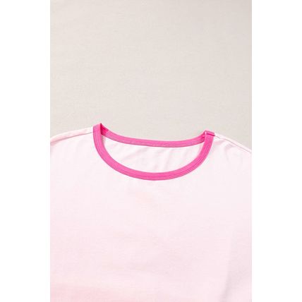 Pink Color Block Half Sleeve O Neck Plus Size T Shirt